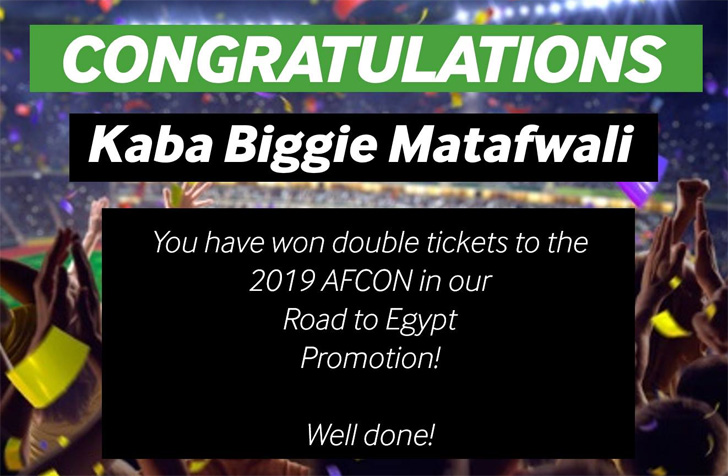 Kaba Biggie Matafwali won double tickets to the 2019 AFCON